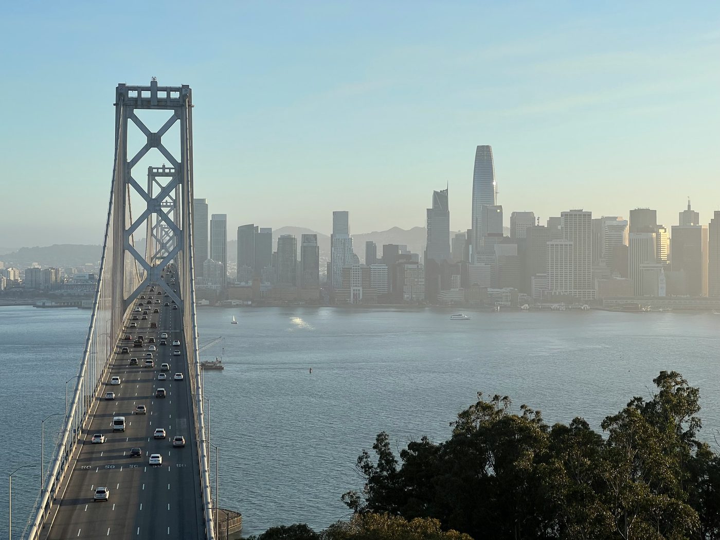 The Bay Bridge with traffic, viewed against the San Francisco skyline