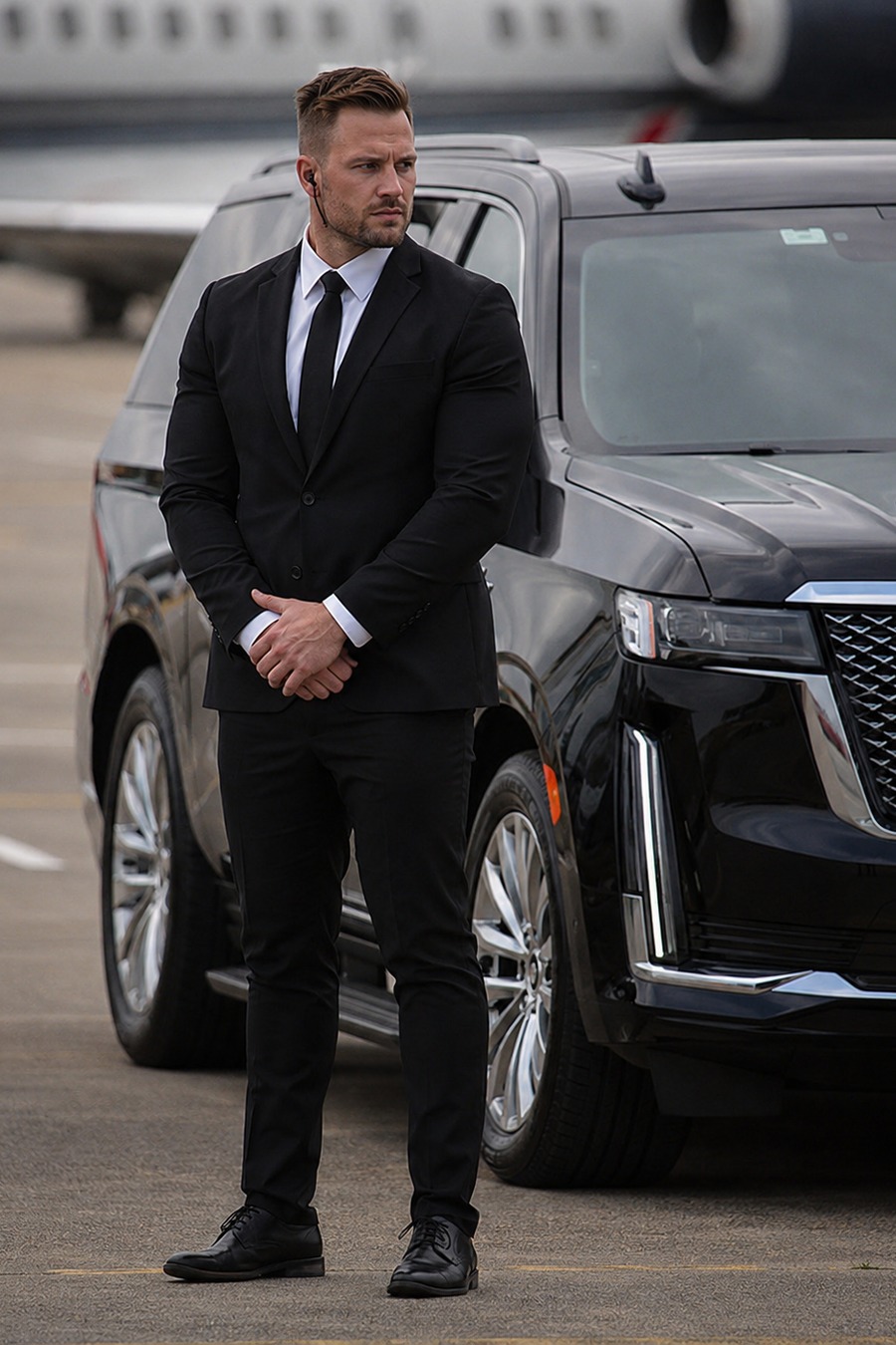 Security agent standing beside a black Cadillac Escalade on the tarmac with a private jet behind